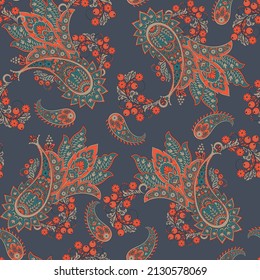 Paisley vector seamless pattern. Fantastic flower, leaves. Batik style painting. Vintage background