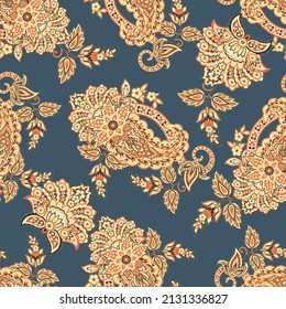 Paisley vector seamless pattern. Fantastic flower, leaves. Batik style painting. Vintage background