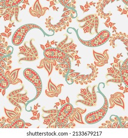 Paisley vector seamless pattern. Fantastic flower, leaves. Textile bohemian print. Batik painting. Vintage