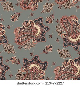 Patrón transparente vectorial paisley. Flor fantástica, hojas. Impresión bohemia textil. Pintura de batik. Vintage