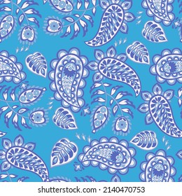 Paisley vector seamless pattern. Fantastic flower, leaves. Textile bohemian print. Batik painting. Vintage