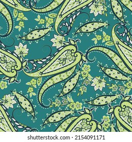 Paisley vector seamless pattern. Fantastic flower, leaves. Textile bohemian print. Batik painting. Vintage