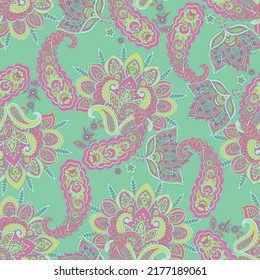 Paisley vector seamless pattern. Fantastic flower, leaves. Batik style painting. Vintage background