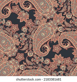 Paisley vector seamless pattern. Fantastic flower, leaves. Batik style painting. Vintage background