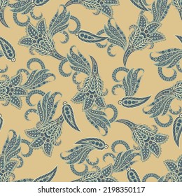 Paisley vector seamless pattern. Fantastic flower, leaves. Textile bohemian print. Batik painting.