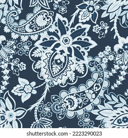Patrón transparente vectorial paisley. Flor fantástica, hojas. Impresión bohemia textil. Pintura de batik. Vintage