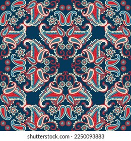 Paisley vector seamless pattern. Fantastic flower, leaves. Batik style painting. Vintage background