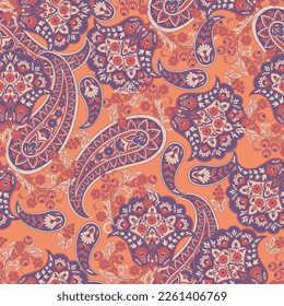 Paisley vector seamless pattern. Fantastic flower, leaves. Batik style painting. Vintage background