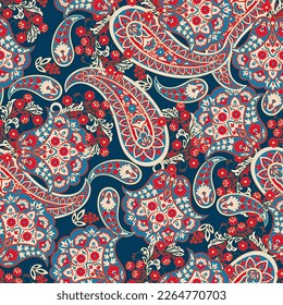 Paisley vector seamless pattern. Fantastic flower, leaves. Batik style painting. Vintage background