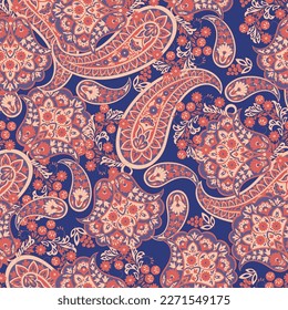 Paisley vector seamless pattern. Fantastic flower, leaves. Batik style painting. Vintage background