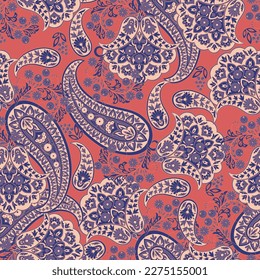 Paisley vector seamless pattern. Fantastic flower, leaves. Batik style painting. Vintage background
