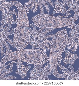 Paisley vector seamless pattern. Fantastic flower, leaves. Textile bohemian print. Batik painting. Vintage
