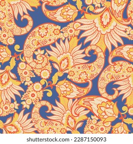 Paisley vector seamless pattern. Fantastic flower, leaves. Textile bohemian print. Batik painting. Vintage