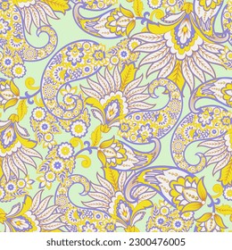 Paisley vector seamless pattern. Fantastic flower, leaves. Textile bohemian print. Batik painting. Vintage