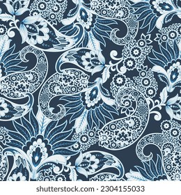 Paisley vector seamless pattern. Fantastic flower, leaves. Textile bohemian print. Batik painting. Vintage