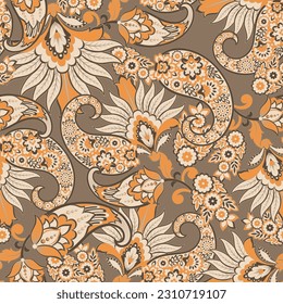 Paisley vector seamless pattern. Fantastic flower, leaves. Textile bohemian print. Batik painting. Vintage