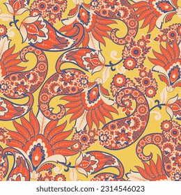 Paisley vector seamless pattern. Fantastic flower, leaves. Textile bohemian print. Batik painting. Vintage