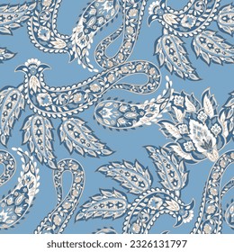 Patrón transparente vectorial paisley. Flor fantástica, hojas. Impresión bohemia textil. Pintura de batik. Vintage
