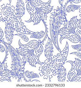 Paisley vector seamless pattern. Fantastic flower, leaves. Textile bohemian print. Batik painting. Vintage