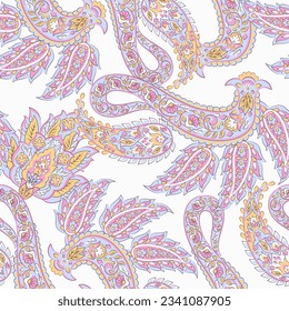 Paisley vector seamless pattern. Fantastic flower, leaves. Textile bohemian print. Batik painting. Vintage