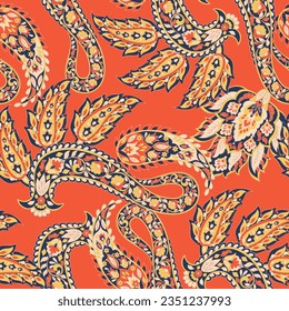 Paisley vector seamless pattern. Fantastic flower, leaves. Textile bohemian print. Batik painting. Vintage