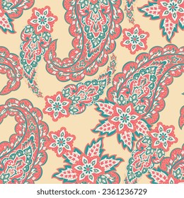 Paisley vector seamless pattern. Fantastic flower, leaves. Textile bohemian print. Batik painting. Vintage