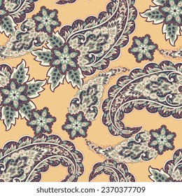 Paisley Vektor nahtloses Muster. Fantastische Blume, Blätter. Textiler Böhmischer Druck. Batik-Malerei. Vintage