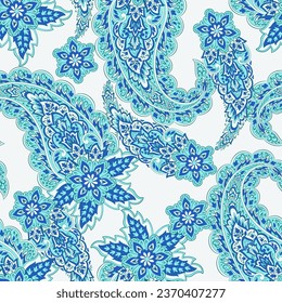 Paisley vector seamless pattern. Fantastic flower, leaves. Textile bohemian print. Batik painting. Vintage