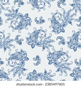 Paisley vector seamless pattern. Fantastic flower, leaves. Batik style painting. Vintage background