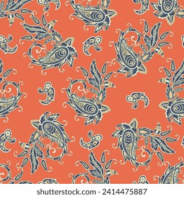 Paisley vector seamless pattern. Fantastic flower, leaves. Batik style painting. Vintage background