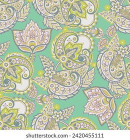 Paisley vector seamless pattern. Fantastic flower, leaves. Batik style painting. Vintage background