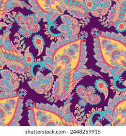 Paisley vector seamless pattern. Fantastic flower, leaves. Textile bohemian print. Batik painting. Vintage
