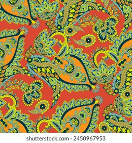 Paisley vector seamless pattern. Fantastic flower, leaves. Textile bohemian print. Batik painting. Vintage