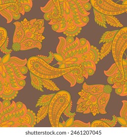 Paisley vector seamless pattern. Fantastic flower, leaves. Batik style painting. Vintage background