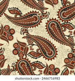 Paisley vector seamless pattern. Fantastic flower, leaves. Batik style painting. Vintage background