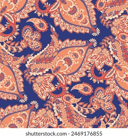 Paisley vector seamless pattern. Fantastic flower, leaves. Textile bohemian print. Batik painting. Vintage