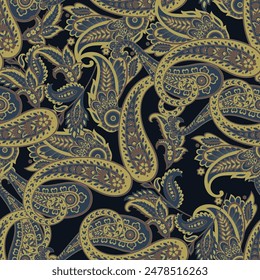 Paisley vector seamless pattern. Fantastic flower, leaves. Textile bohemian print. Batik painting. Vintage