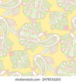 Paisley vector seamless pattern. Fantastic flower, leaves. Batik style painting. Vintage background