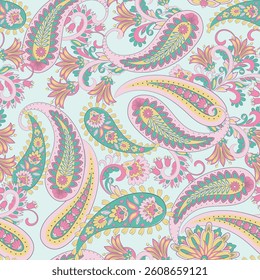 Paisley vector seamless pattern. Fantastic flower, leaves. Textile bohemian print. Batik painting. Vintage