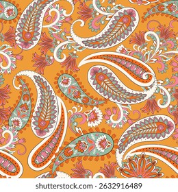 Paisley vector seamless pattern. Fantastic flower, leaves. Textile bohemian print. Batik painting. Vintage