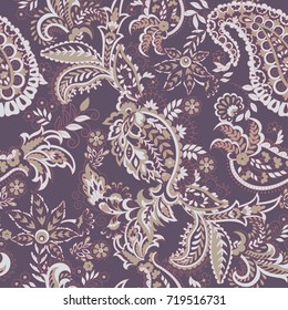 Paisley vector seamless pattern. Fantastic flower, leaves. Batik style painting. Vintage background