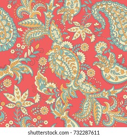 Paisley vector seamless pattern. Fantastic flower, leaves. Batik style painting. Vintage background