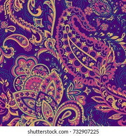Paisley vector seamless pattern. Fantastic flower, leaves. Batik style painting. Vintage background