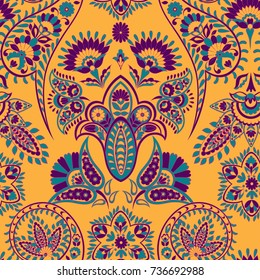 Paisley vector seamless pattern. Fantastic flower, leaves. Textile batik print.