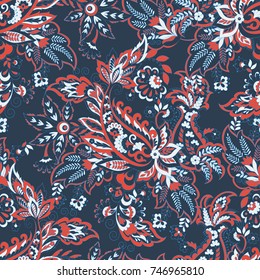 Padrão sem costura vetorial Paisley. Flor fantástica, folhas. Impressão boêmia têxtil. Pintura Batik.Fundo vintage