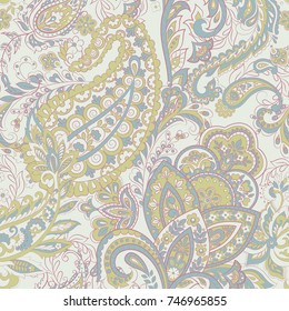 Paisley vector seamless pattern. Fantastic flower, leaves. Batik style painting. Vintage background