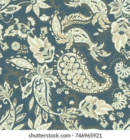 Paisley vector seamless pattern. Fantastic flower, leaves. Textile bohemian print. Batik painting.Vintage