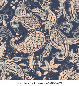 Paisley vector seamless pattern. Fantastic flower, leaves. Batik style painting. Vintage background