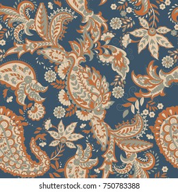 Paisley vector seamless pattern. Fantastic flower, leaves. Batik style painting. Vintage background