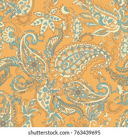 Paisley vector seamless pattern. Fantastic flower, leaves. Batik style painting. Vintage background